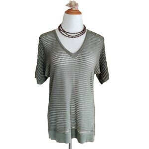 Chico's Linen Cotton Open Work Knit Top Sz 1/Med Olive Grommets Dolman Short Slv